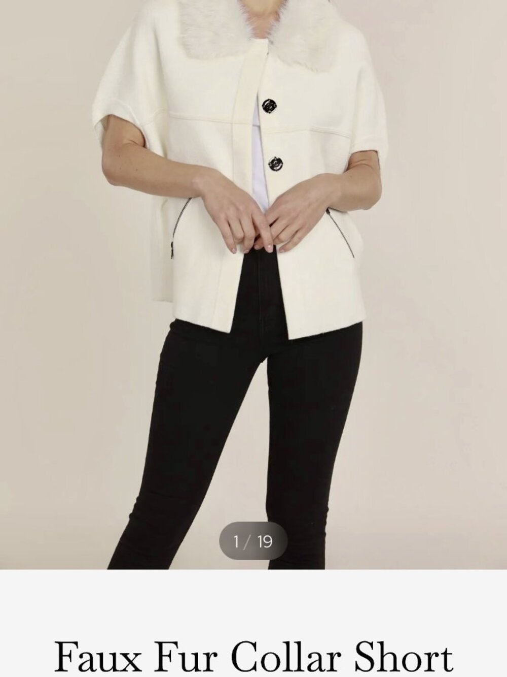 Price Drop - Dolce -Cabo Faux Fur Collar Short Sleeve Cardigan Size S/M - IVORY